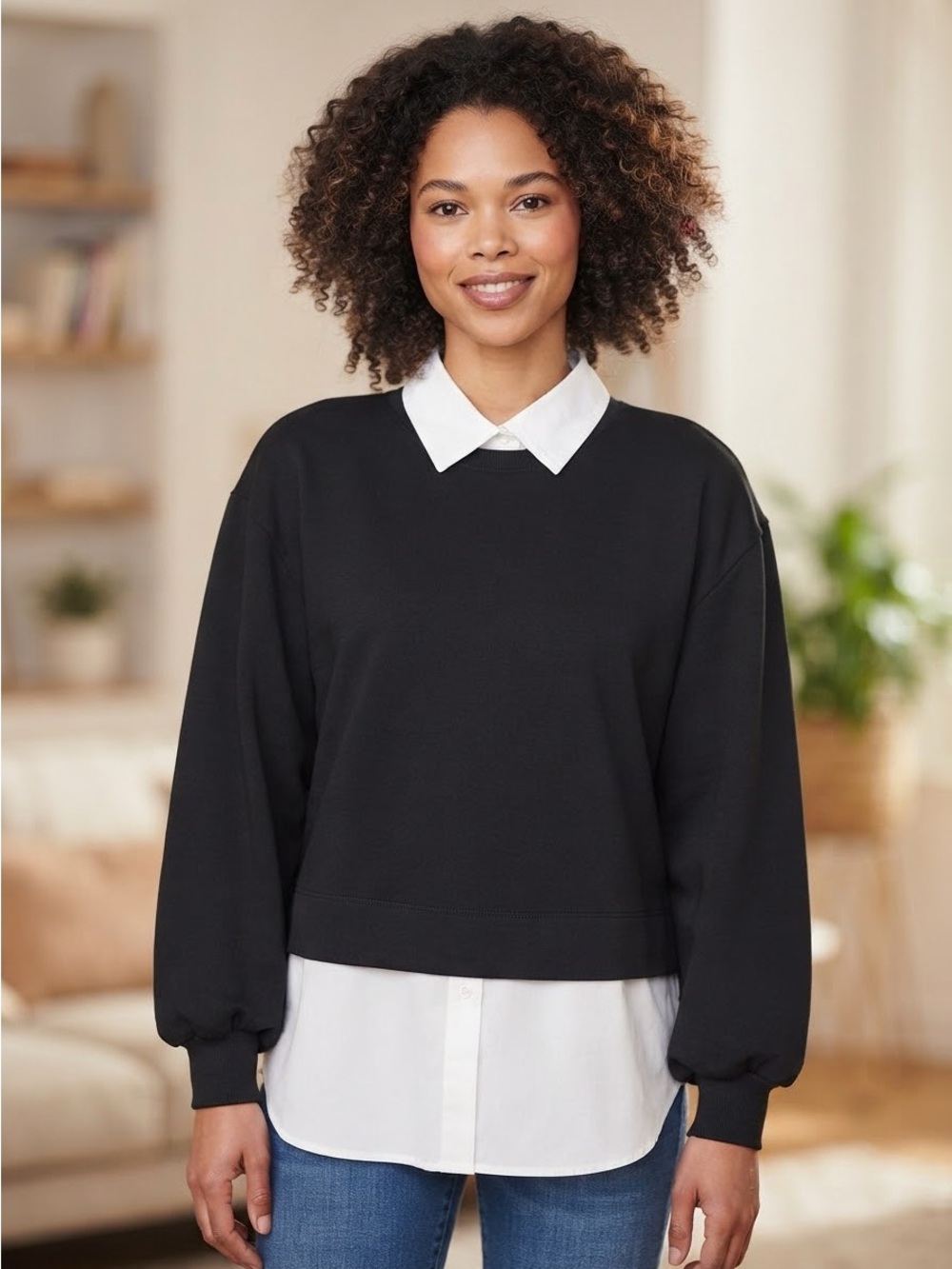 Scotch & Soda Black Layered-Look Sweatshirt with White Collar